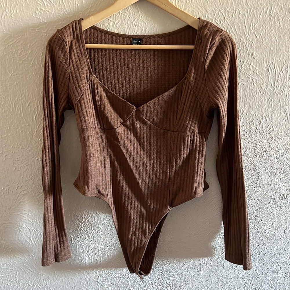 Brown Ribbed Long Sleeve Bodysuit